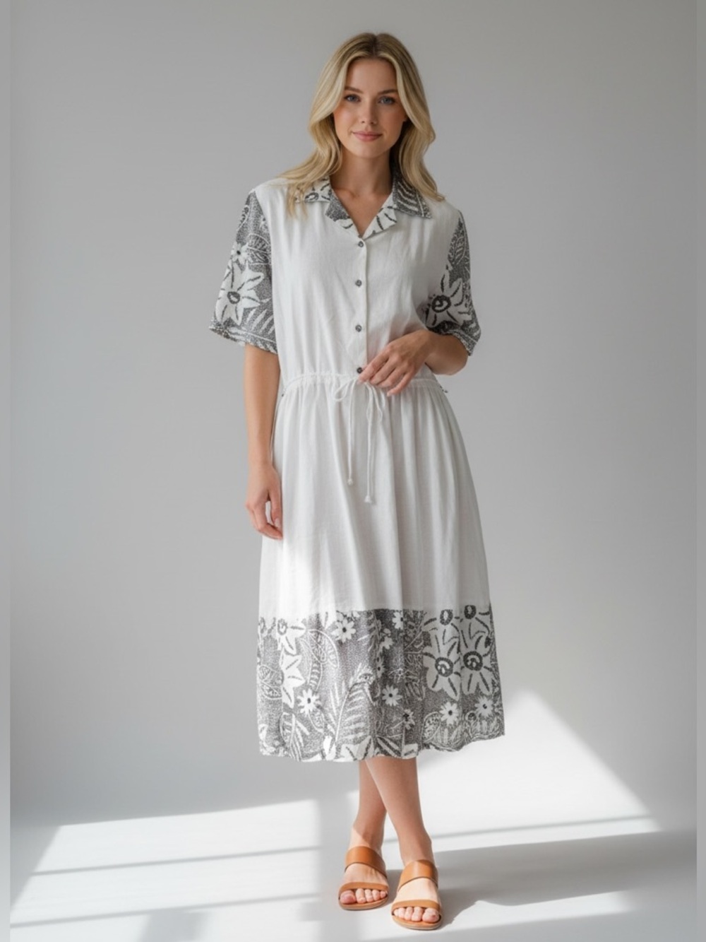 Linen Blend Button-Up Handmade Midi Dress